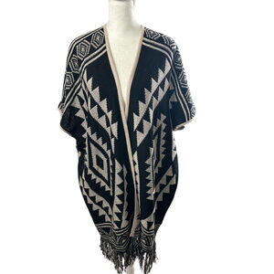 Poof! Sweater Women's Medium Aztec Fringe Cardigan Open Front Poncho Bohemian